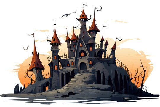 recommend clip art: Haunted castle isolated on white background. Halloween design with old spooky house, illustration in cartoon style.