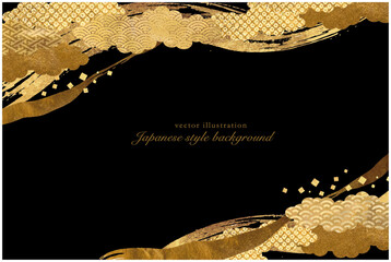 ゴールドの筆のラインと和柄の雲模様の背景