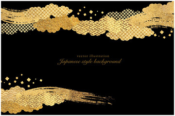 ゴールドの筆のラインと和柄の雲模様の背景