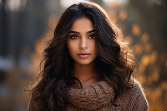Portrait of a happy indian woman in a knitted sweater looking at the camera generative ai 