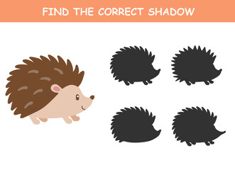 Find the correct shadow of the cute illustration of hedgehog. Educational logic game for children. Printable worksheet. © G.rena