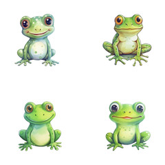 set of cute frog watercolor illustrations for printing on baby clothes, sticker, postcards, baby showers, games and books, safari jungle animals vector