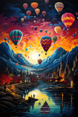 Colored hot air balloons in the sky at sunset. Vertical orientation