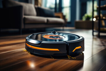 Modern robot vacuum cleaner cleans the apartment