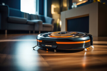 Modern smart robot vacuum cleaner cleans the apartment, modern technology concept