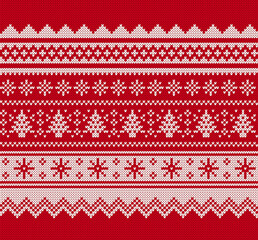Christmas knitted seamless pattern. Knitted sweater holiday print. Xmas geometric border. Red background with tree and snowflakes. Fair isle traditional texture. Festive winter ornament. Vector. - obrazy, fototapety, plakaty