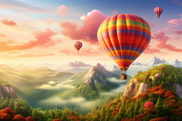 Colored hot air balloons in the sky against the backdrop of a fabulous landscape
