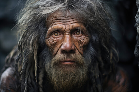 Portrait of a primitive caveman man Neanderthal dressed in animal skin