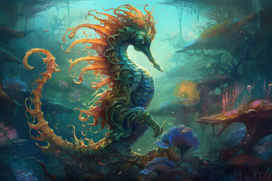 Amidst an underwater city of coral and seashells, merfolk ride seahorses through vibrant kelp forests, their tails shimmering with iridescent patterns like living tapestries.