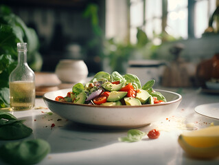 Vegan salad with green fresh vegetables on white plate, kitchen table with blurred background