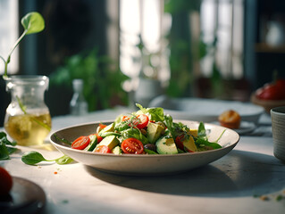 Close up of vegan salad with green beans and fresh vegetables on white plate, with blurred background