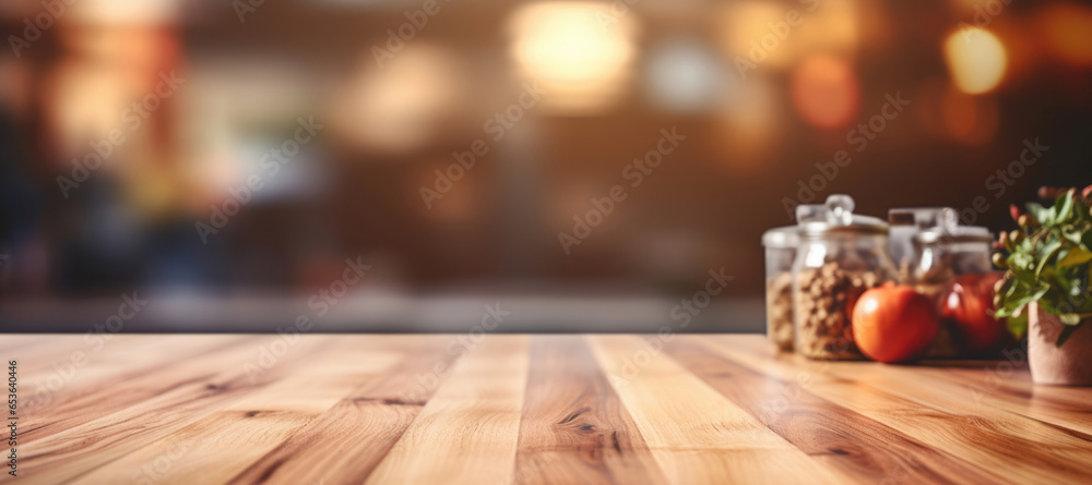 Aufkleber wooden table in front of blurred background with bokeh. copyspace for text