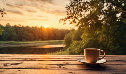 cup of coffee on wooden table against the backdrop of a blurred green landscape