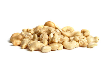 Cashew nut heap isolated on white background. Cashews, a tasty protein source