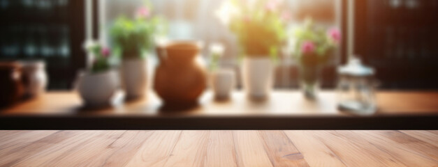 Empty wooden table on a background of blurred flowers