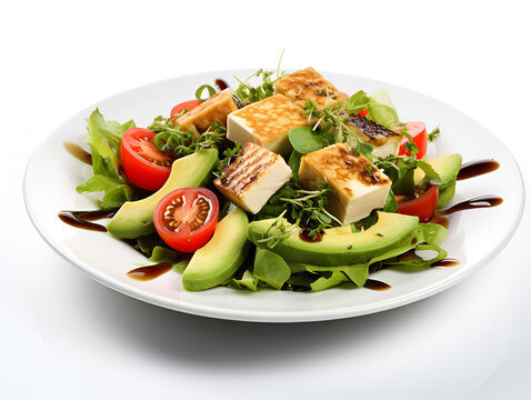 Fresh vegan salad with tofu, avocado and tomatoes on white plate, isolated on white background