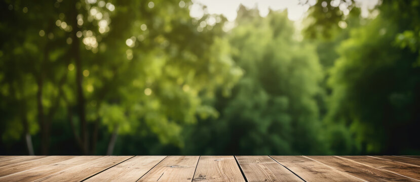 Wood table on blur abstract green background. Horizontal banner
