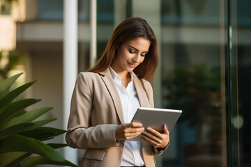 Positive business woman lady using digital tablet 