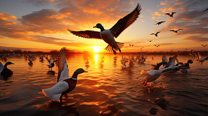 The sun sets and the unruly ducks fly together - obrazy, fototapety, plakaty