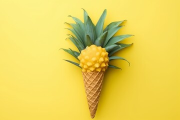 A delicious pineapple ice cream cone on a vibrant yellow background