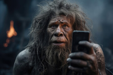 wildman caveman holding mobile phone, smartphone, technology development concept