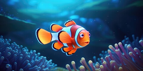 A Clown Anemonefish Swimming In The Sea Presented As A 3D Rendering Showcasing The Beauty Of Marine Life . Сoncept Marine Life A D Rendering, The Clown Anemonefish Beauty In The Sea - obrazy, fototapety, plakaty