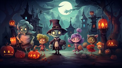 animated monster party with vampire werewolf and zombie on Halloween