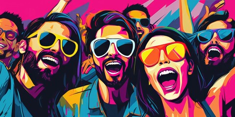 A Pop Artstyle Image Featuring An Influencer Taking A Group Selfie At A Party Characterized By Bright Colors Exaggerated Facial Expressions And A Fun Vibe