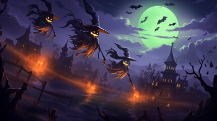 Witches flying on broom infront of a large swamp village on halloween