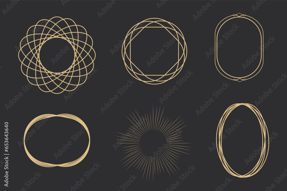Poster set golden celestial frames, borders, arch line art esoteric minimal decoration with sparkles isolat