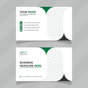 Horizontal and double sided business card template. Green, black and white color personal contact card also editable file. Stylish and unique design concept for personal information card. 