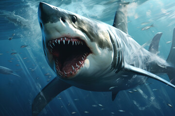 an adult great shark with a large mouth and many sharp teeth underwater, swimming on the hunt,...