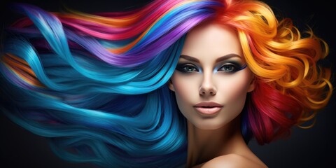 A Beautiful Woman Wearing A Colorful Wig Adding A Playful And Vibrant Element To Her Appearance . Сoncept Colorful Hair, Vibrant Look, Playful Outfit, Beautiful Woman - obrazy, fototapety, plakaty
