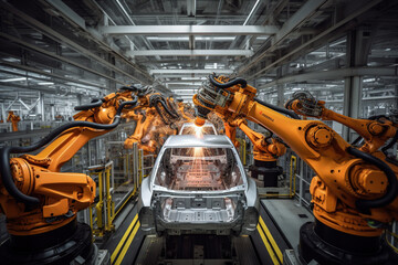 autonomous robot factory produces vehicles cars bodies in a big hall on long production line - obrazy, fototapety, plakaty
