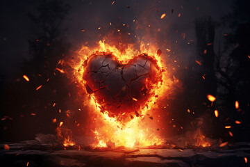 Broken Heart in Fire valentines Sadness - obrazy, fototapety, plakaty