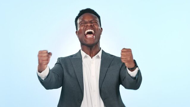 Black man in business, celebration and cheers with fist pump for job promotion and winning on blue background. Excited, happiness and yes with winner in portrait, reward for target success in studio
