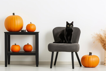 Cute funny black cat in halloween decor room. Happy Halloween party concept