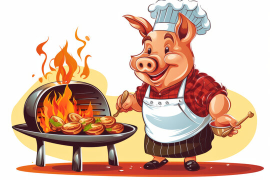 vector image of scartoon pig chef bbq grill cooking