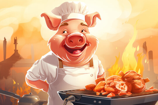 vector image of scartoon pig chef bbq grill cooking