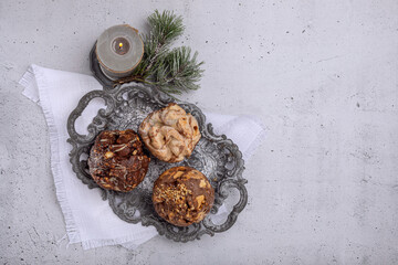 Christmas German dessert Schneeballen on a vintage tray on a light background top view