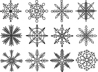 Set of black silhouettes of openwork snowflakes. Vector illustrations, EPS 10.