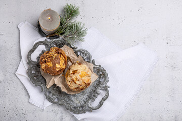 Christmas German dessert Schneeballen on a vintage tray on a light background top view