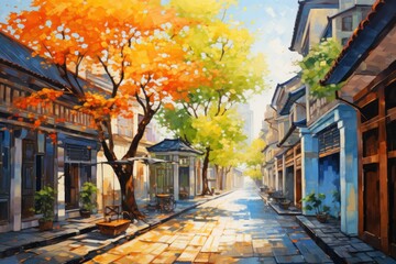 This canvas painting beautifully captures an old town street in watercolors, depicting the enchanting autumn scenery. Enjoy the artistry of this work that showcases the beauty  Generative AI