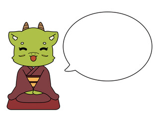 正座をする着物を着た龍のキャラクターと吹き出しのイラスト素材