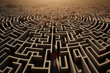 Fototapeta na wymiar This 3D rendering image showcases a businessman navigating his way through a maze, symbolizing the challenging journey toward success. Join him on this path of determination!Generative AI