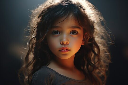 This is a portrait of a beautiful little girl with long curly hair in a room.

 Generative AI