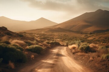 A desolate dirt road winding through the barren desert landscape - obrazy, fototapety, plakaty