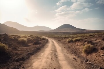 A scenic dirt road cutting through a barren desert landscape - obrazy, fototapety, plakaty