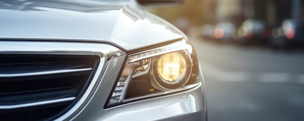 A Modern Silver Car Parked On The Road With A Closeup Focus On The Intricate Details Of Its Headlights . Сoncept Car Design, Modern Silver Cars, Intricate Headlight Details, Car Headlights