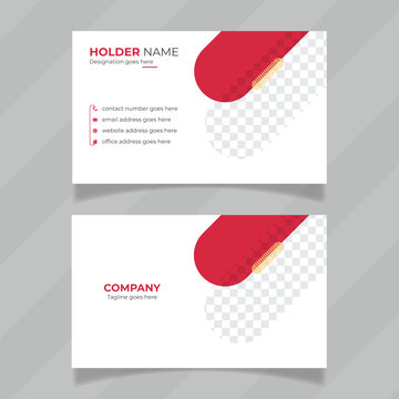 Simple and elegant design also vector mockup for personal information card. Red and golden color horizontal business card design presentation. Printable office stationery illustrator layout template. 